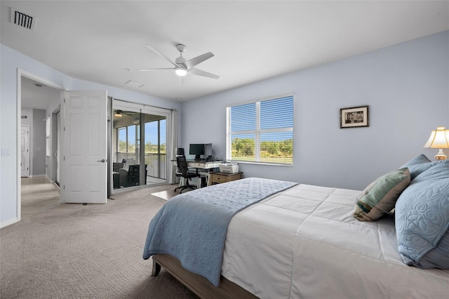 carpeted bedroom featuring access to outside and ceiling fan