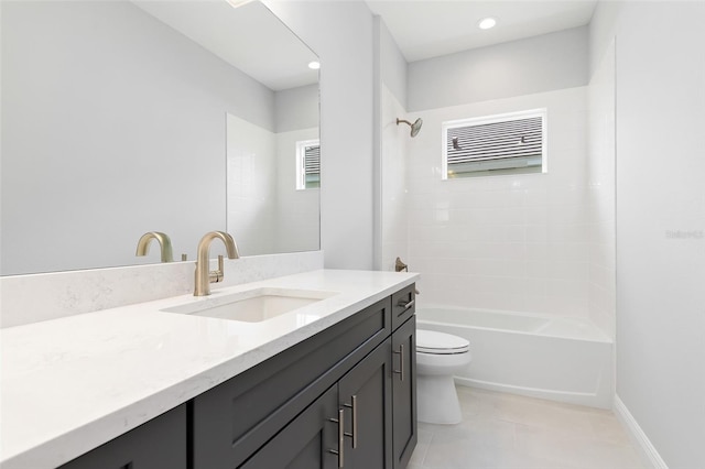 full bathroom with shower / bathing tub combination, vanity, toilet, and tile patterned floors