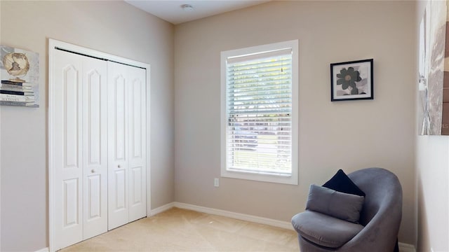 living area with light carpet