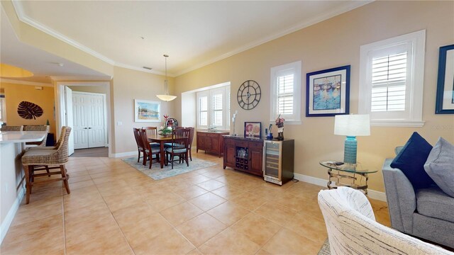 tiled dining space with crown molding