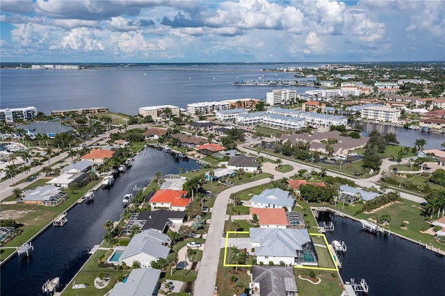 aerial view featuring a water view