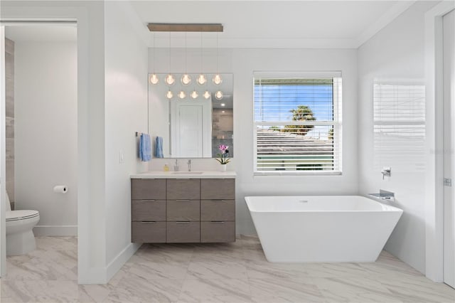 bathroom with ornamental molding, vanity, a bathtub, and toilet