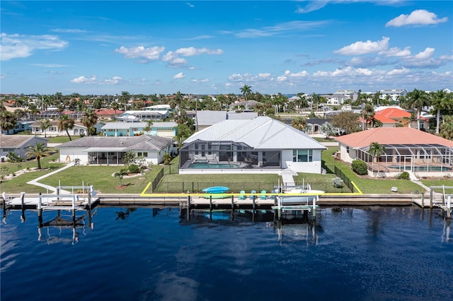 exterior space with a water view