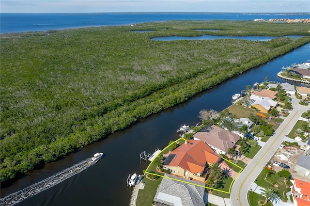 drone / aerial view with a water view