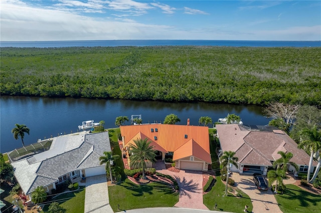 drone / aerial view with a water view