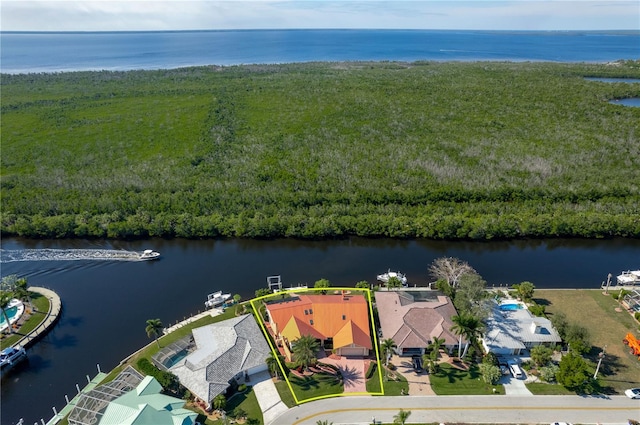 bird's eye view with a water view