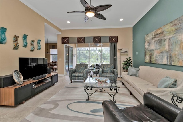 tiled living room with ceiling fan and ornamental molding