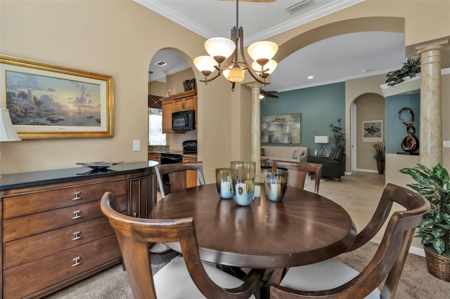 dining space with an inviting chandelier and ornamental molding