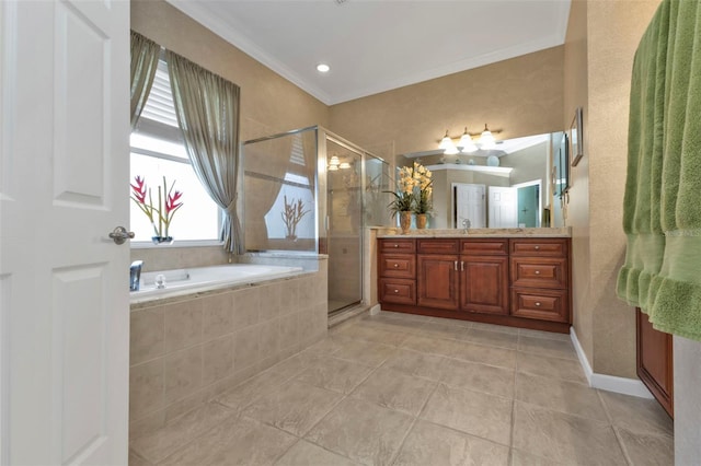 bathroom with tile patterned flooring, vanity, ornamental molding, and plus walk in shower