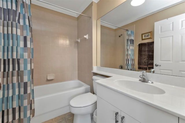 full bathroom with shower / bath combo, vanity, crown molding, tile patterned flooring, and toilet