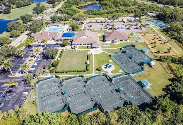 bird's eye view with a water view