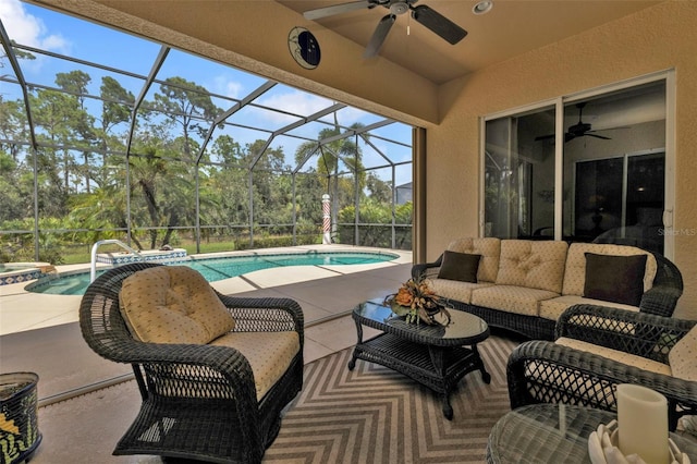 view of patio with an outdoor living space and a lanai