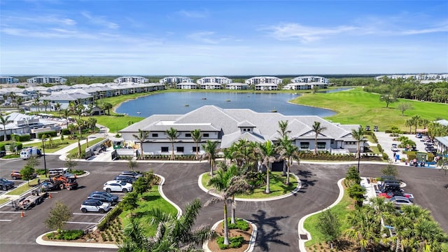 bird's eye view with a water view