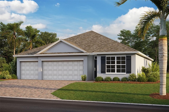 ranch-style house featuring a front lawn and a garage