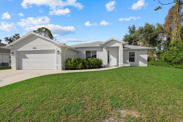 ranch-style home featuring a garage, central AC, and a front lawn