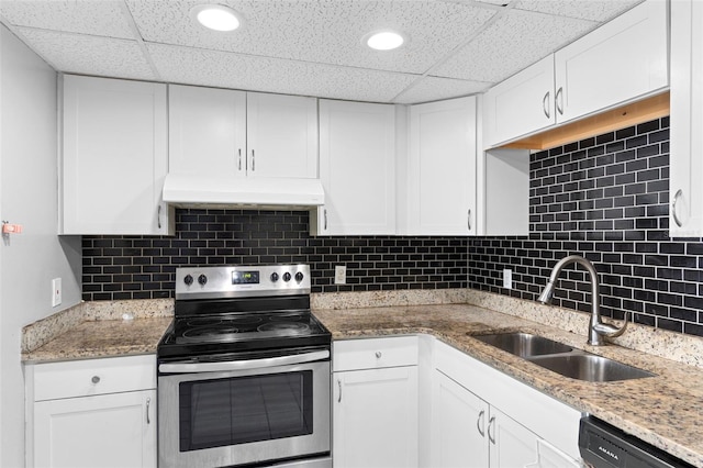 kitchen with stainless steel electric stove, white cabinetry, sink, and dishwasher