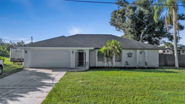 single story home with a garage and a front lawn