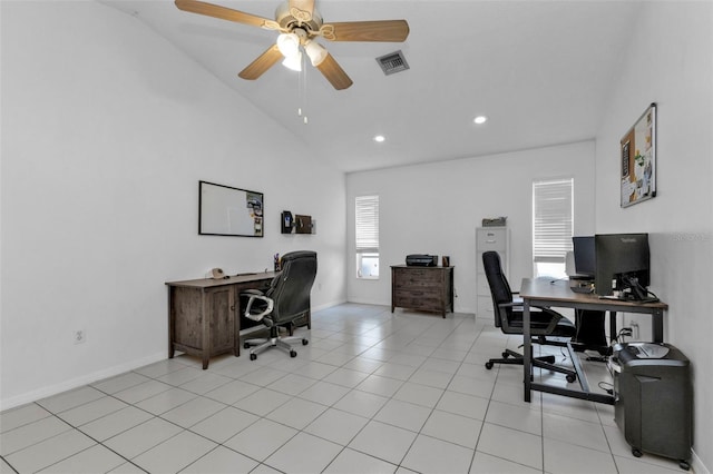 tiled office space featuring high vaulted ceiling and ceiling fan