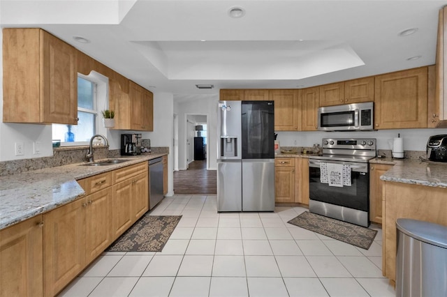 kitchen with light stone counters, a raised ceiling, sink, and appliances with stainless steel finishes