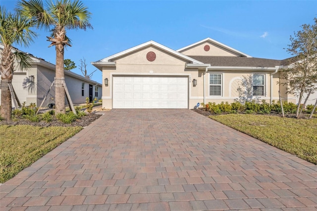 single story home featuring a front yard and a garage