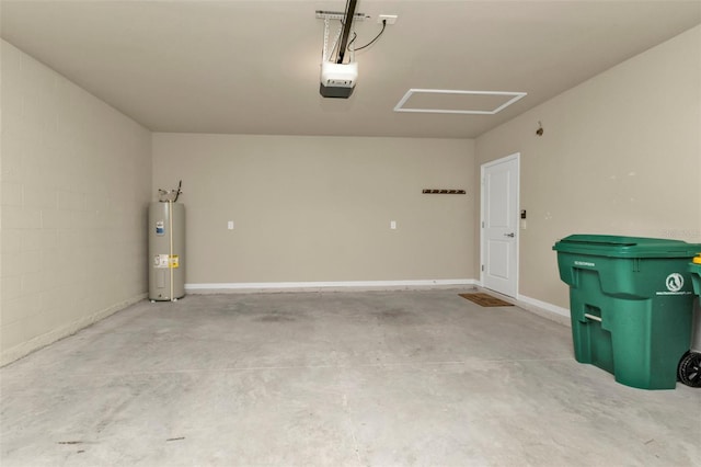 garage with a garage door opener and water heater