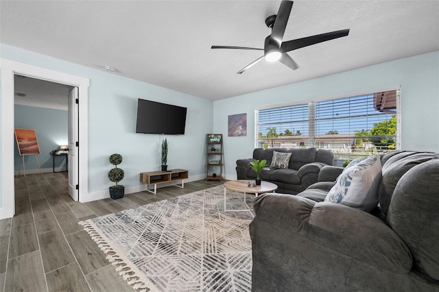 living room with ceiling fan and hardwood / wood-style floors