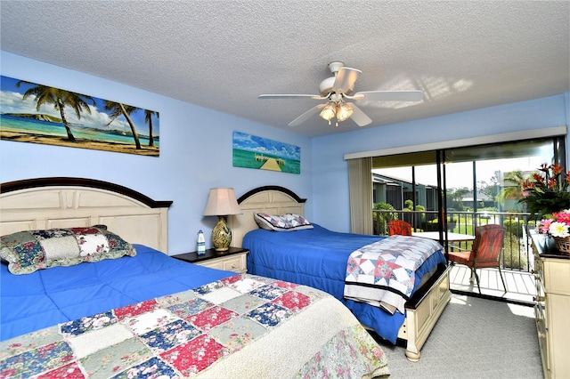 bedroom with access to outside, carpet floors, a textured ceiling, and ceiling fan