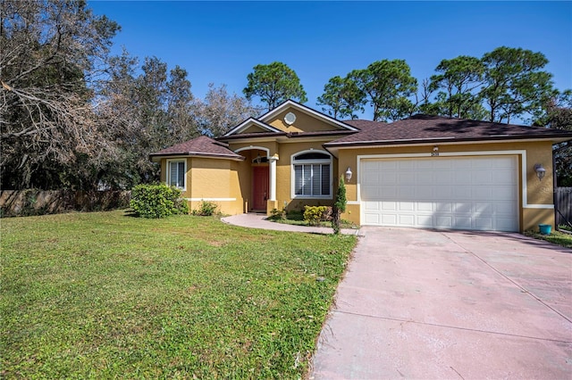 single story home featuring a front lawn and a garage