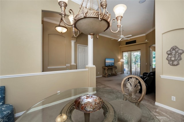 dining area with ornamental molding and ceiling fan with notable chandelier