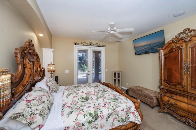 bedroom featuring french doors, access to outside, and ceiling fan