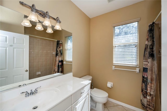 bathroom featuring toilet, tile patterned flooring, a notable chandelier, curtained shower, and vanity