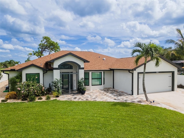 ranch-style house featuring a garage and a front yard