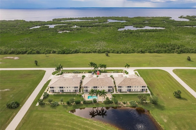 bird's eye view with a water view