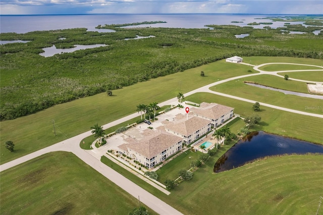 aerial view featuring a water view