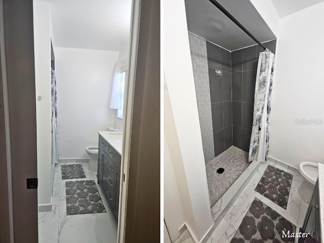 bathroom featuring vanity, toilet, and a shower with shower curtain