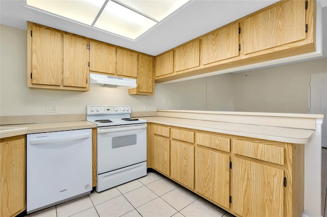 kitchen featuring light brown cabinets, white appliances, and light tile patterned flooring