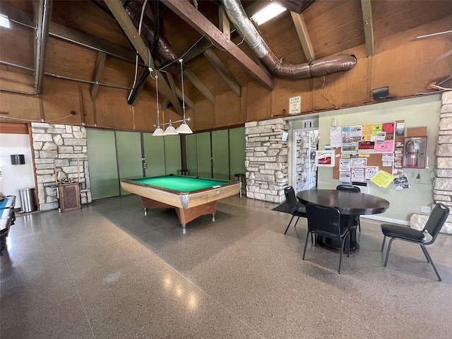 playroom featuring pool table, beamed ceiling, and high vaulted ceiling