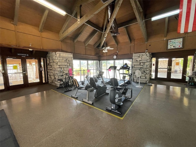 gym with high vaulted ceiling, wood ceiling, ceiling fan, and french doors