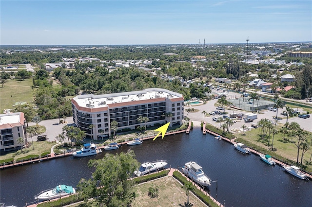 bird's eye view with a water view