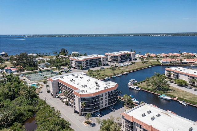 aerial view featuring a water view