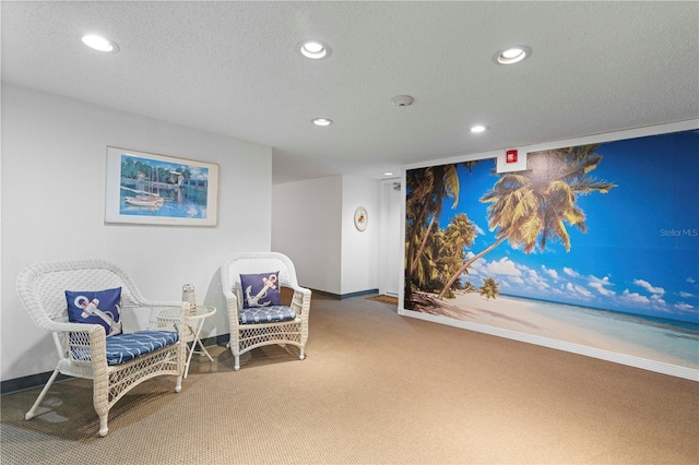 living area with a textured ceiling and carpet flooring