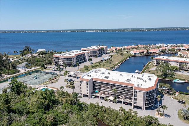 drone / aerial view with a water view