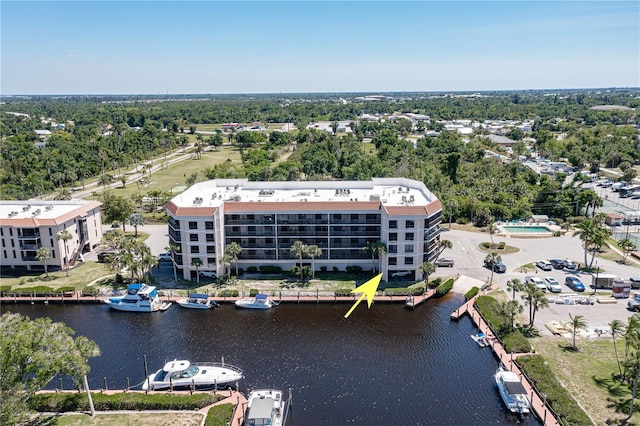 bird's eye view with a water view