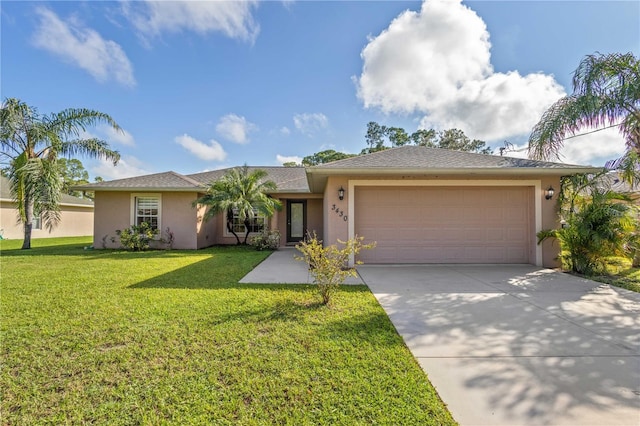 ranch-style home with a front lawn and a garage