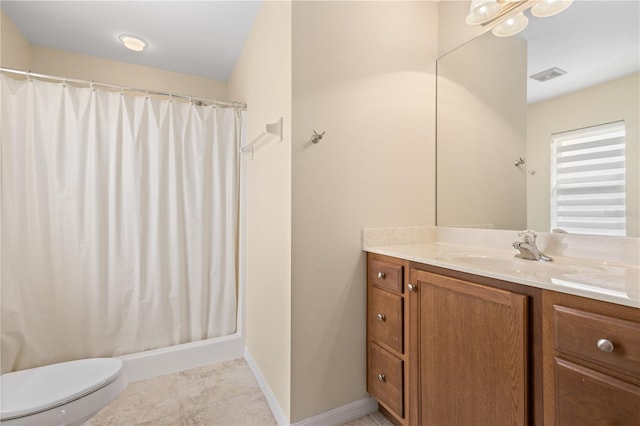 bathroom with tile patterned flooring, toilet, walk in shower, and vanity