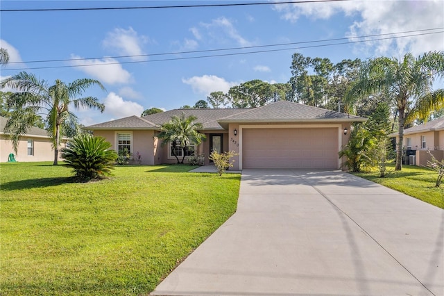 ranch-style house with a front lawn and a garage