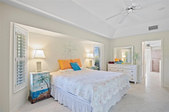 bedroom featuring ceiling fan and light tile patterned floors