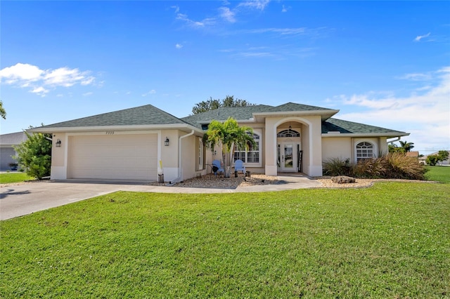 view of front of house with a front yard and a garage