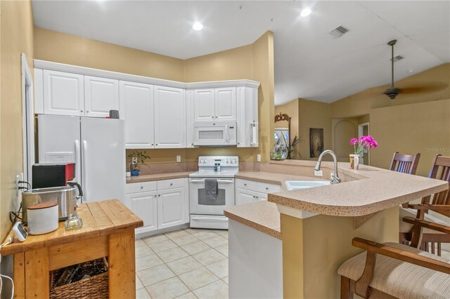 kitchen featuring kitchen peninsula, white cabinetry, a kitchen bar, sink, and white appliances