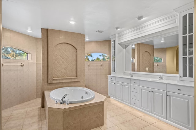 bathroom featuring vanity, separate shower and tub, and tile patterned flooring